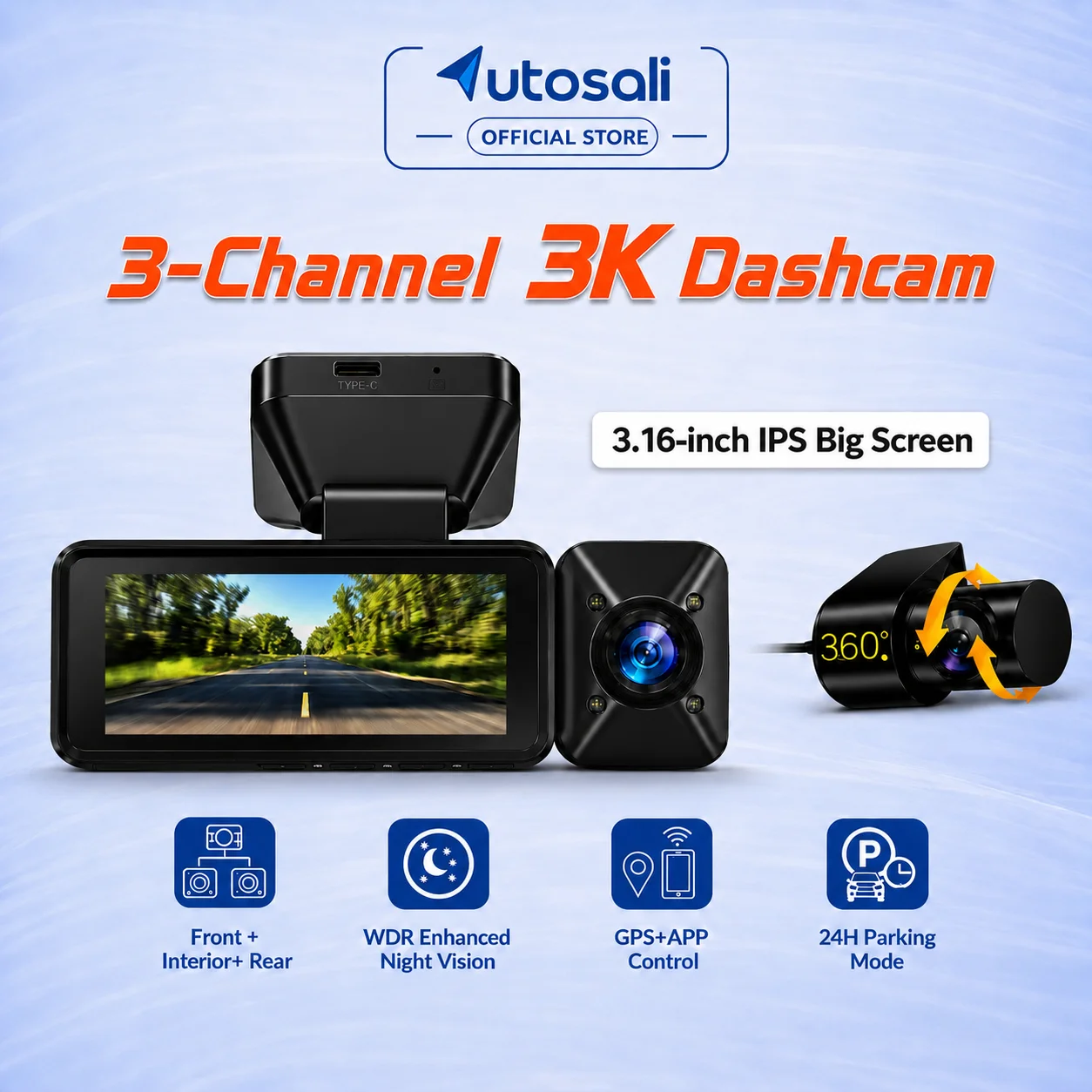 Autosali V5 Dashcam 3K 3-Channel High-Definition Car Dashboard Camera Loop Recording G-Sensor GPS WiFi Support