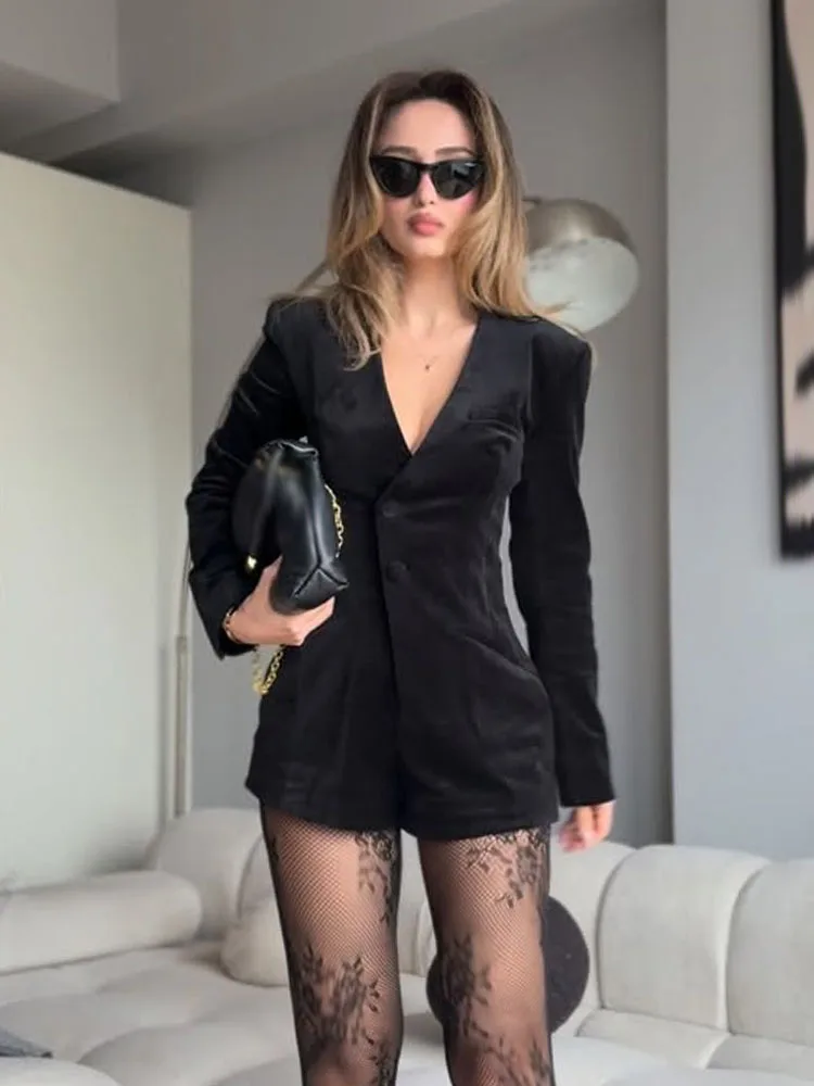 

HH Women Fashion Sexy V-Neck Long Sleeves Pocket Buttons Decoration Street Jumpsuit Woman Fashion Casual Solid Blazer Jumpsuit
