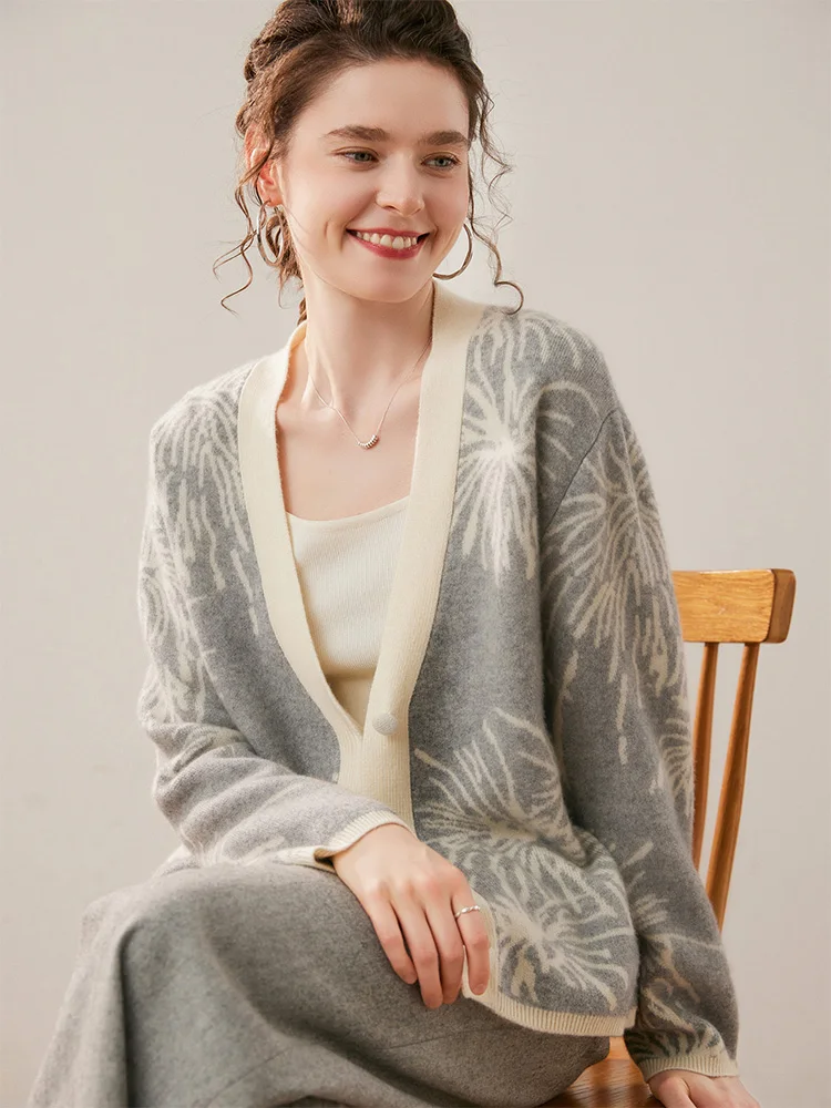 Wysokiej jakości damski sweter z długim rękawem ze 100% kaszmiru, kaszmirowy kardigan z dekoltem w serek, ciepły, miękki i wygodny sweter z dzianiny kaszmirowej na jesień i zimę.