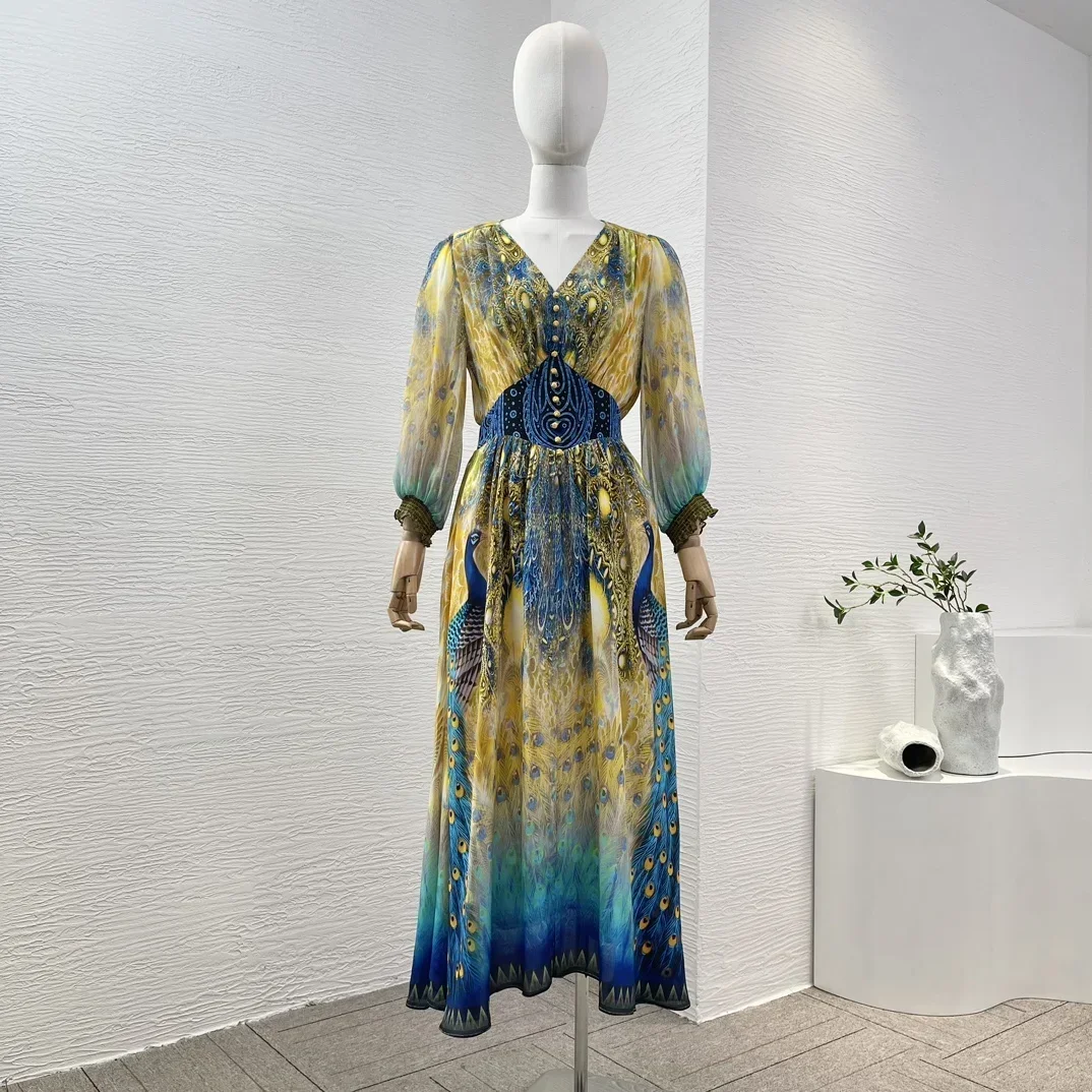 2024 New Blue Yellow 3/4 Sleeve Peacock Print V Neck Midi Dress