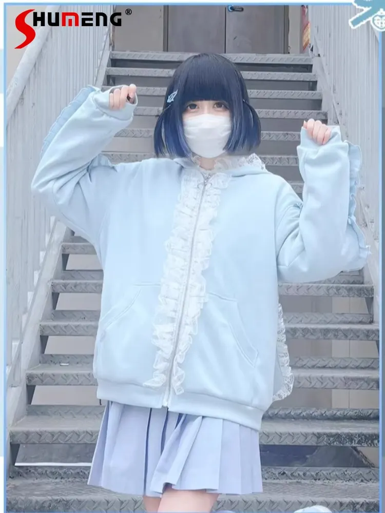 

Japanese Subculture Mine Style Kawaii Rabbit Ear Hooded Jacket Cute Bow Lace Patchwork Long Sleeve Loose Sweatshirts for Women