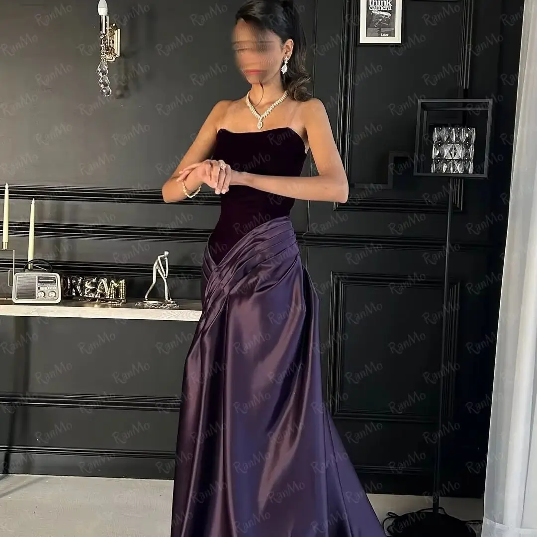 

Ranmo Customized Strapless Satin Classic Evening Dress A-Line Purple Fashion Prom Dress Panel Train Zipper Back Cocktail Dress