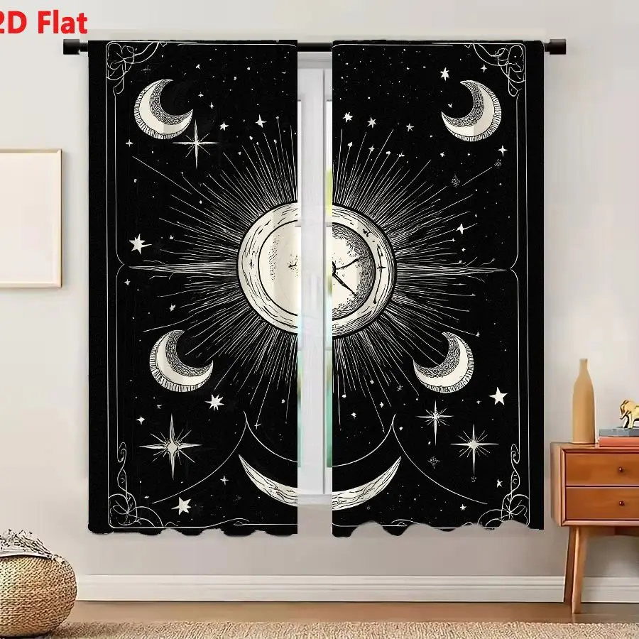 2Pcs Curtains 2D Flat Mystical Monochromatic Illustration Featuring Central Eye Clock Face Radiating Lines Four Crescent Moons C