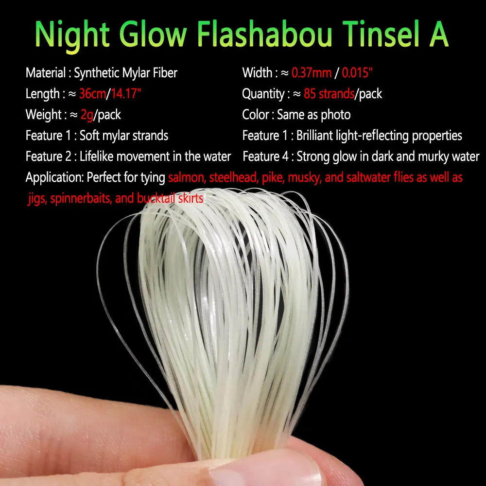 Bimoo 0.37mm Wide Night Glow  Luminous Flashabou Tinsel Fly Tying Materials For Nymphs Streamer Saltwater Fishing Fly Jig Lures