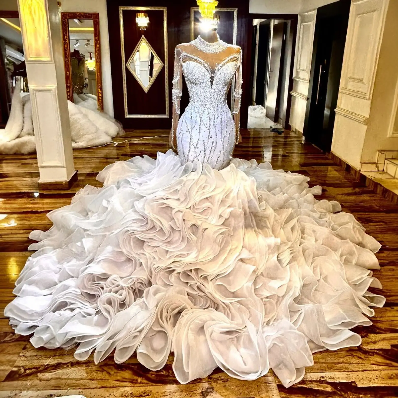 Customized Mermaid Long Sleeves High Neck Appliqued Beaded Lace Pearls Crystals Ruffled Wedding Dress Bride Bridal Gowns