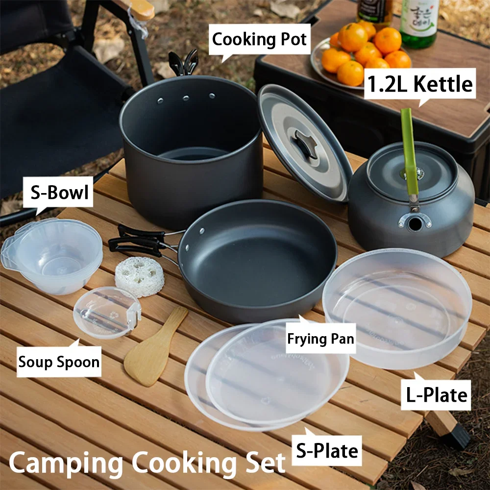 

Large Capacity Non-Stick Camping Cooking Kit for 3-4 People Portable Nested Cookware Set Outdoor Kitchen Equipment