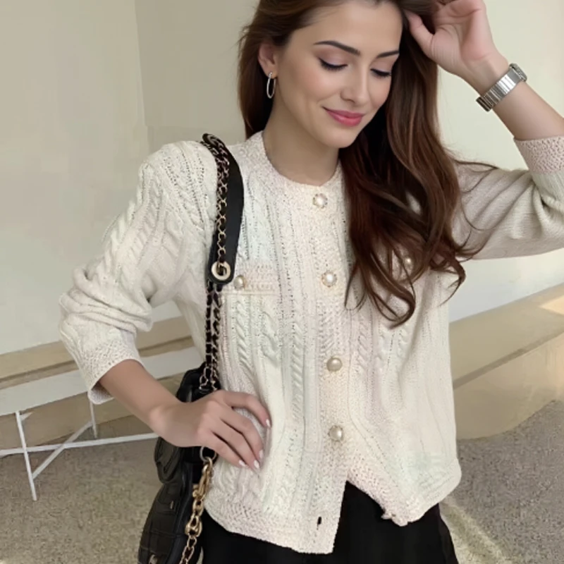 

Осенне-зимний корейский кардиган с круглым вырезом, элегантные вязаные куртки с длинными рукавами, свободный повседневный свитер, пальто, офисный женский трикотаж