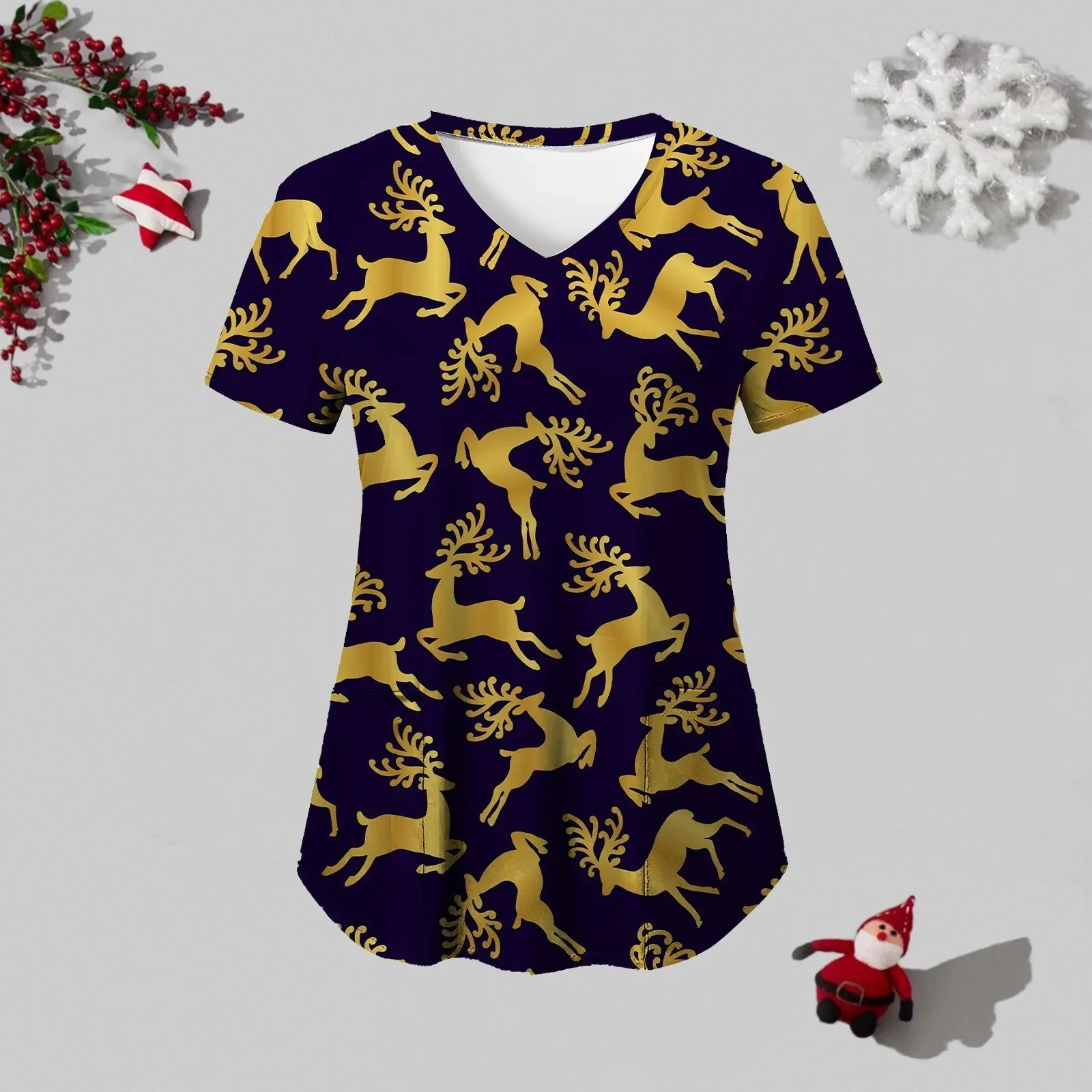 Women Working Uniform Short Sleeve V-Neck Cartoon Printing Tops Christmas Thanksgiving Blouses Uniforms Pet Scrubs Costume