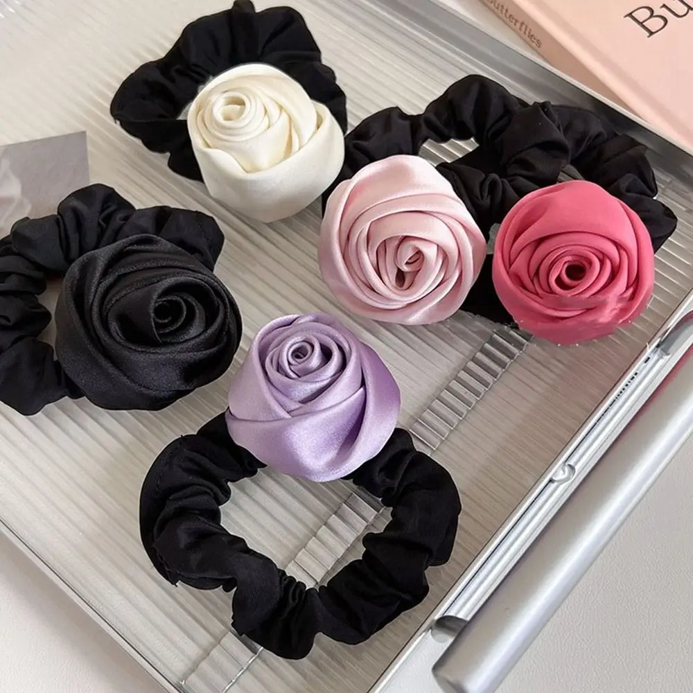 Creative Flower Rose Hair Rope Hair Tie Scrunchies Silk Satin Hair Rope Headwear Korean Style Elastic Hair Band Girl