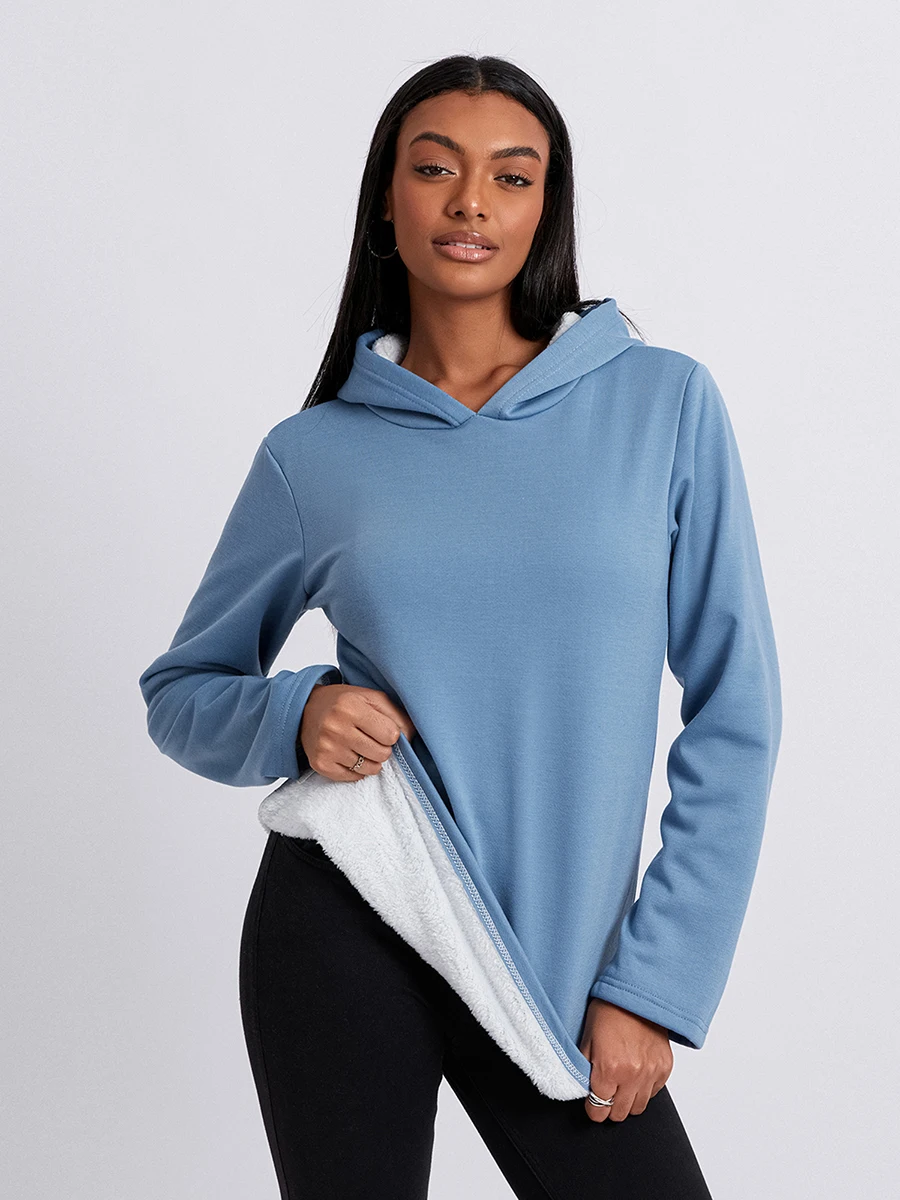 

wsevypo Women's Fall Winter Warm Hoodies Solid Color Long Sleeve Plush Lining Hooded Sweatshirt Casual Street Pullover Tops