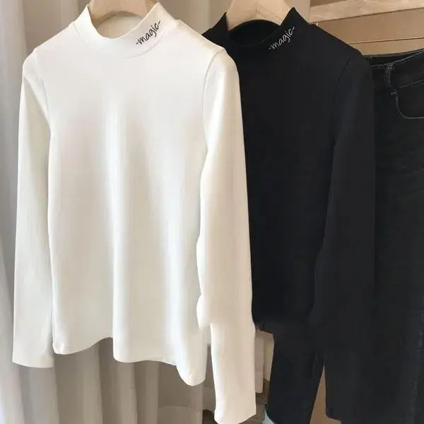 Double-Sided Fleece Long Sleeve Thermal T-Shirt Women's Fashionable Half-High Collar Color Base Shirt Warm Winter Top