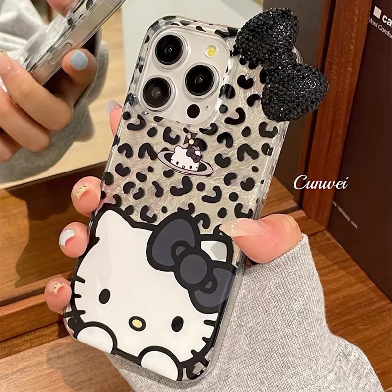 Sexy Hello Kitty Bowknot Lustre Lining Hard High Phone Case for iPhone 16 15 Pro Max 14 Plus 13 Mini 12 11 13 Pro X XS XR 7 8 SE