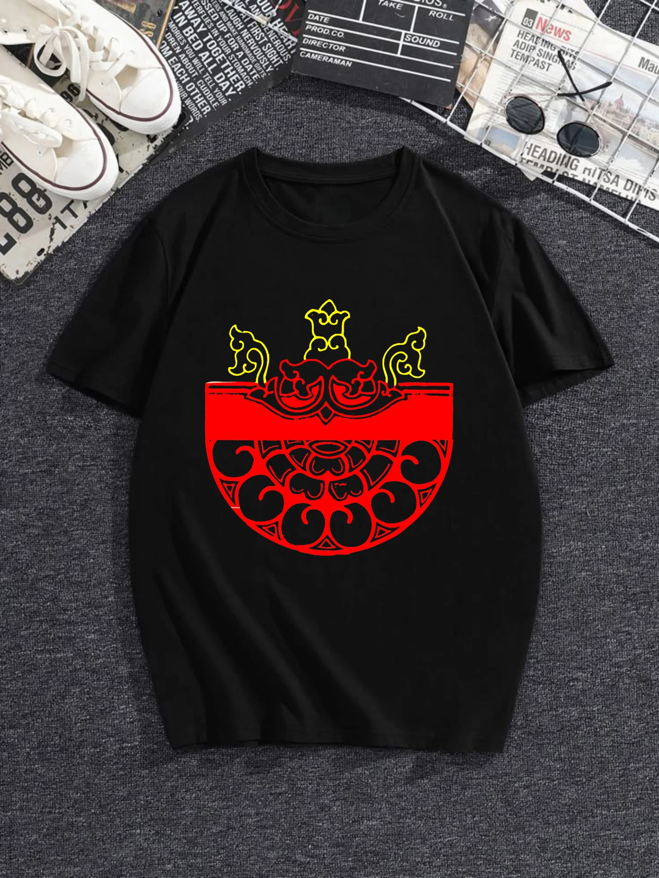 

Women's T-shirts Chinese style graphic t shirts Basic Oversize Tee Women's clothing Casual 100% cotton Red And Black Design