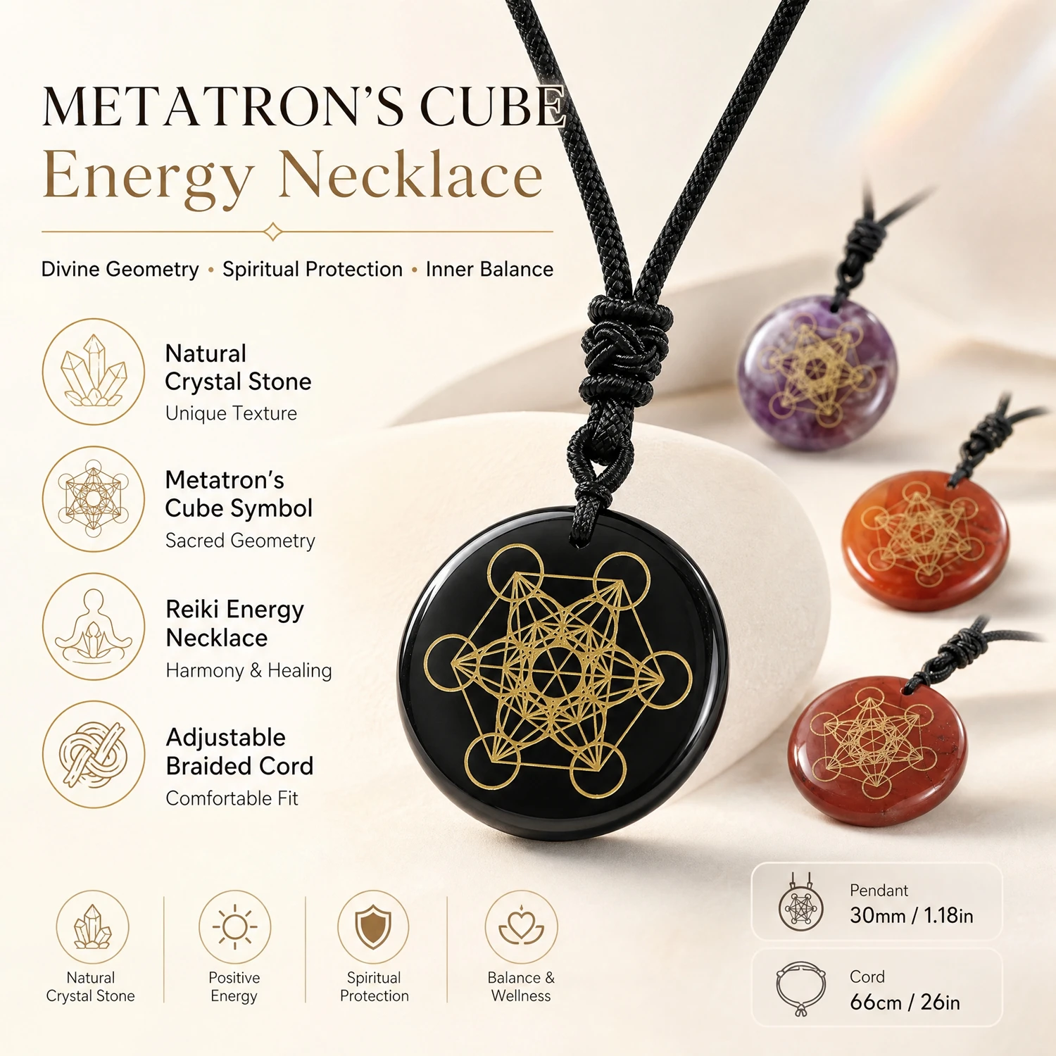 Natural Crystal Stone Metatron\'s Cube Multidimensional Pendants Mythology Angel Mysterious Divine Symbols Reiki Energy Necklaces