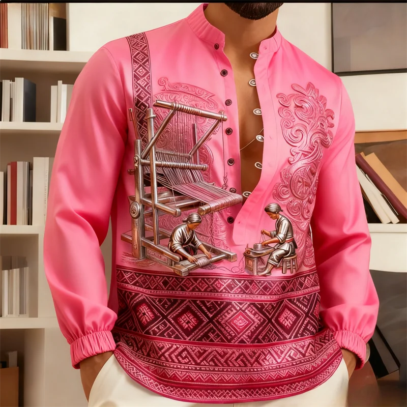 男性の伝統的な民族衣装のシャツ |   3D織りアートプリント |   中国風の立ち襟長袖 |   お祭り/オフィス文化 フォーマル/カジュアル