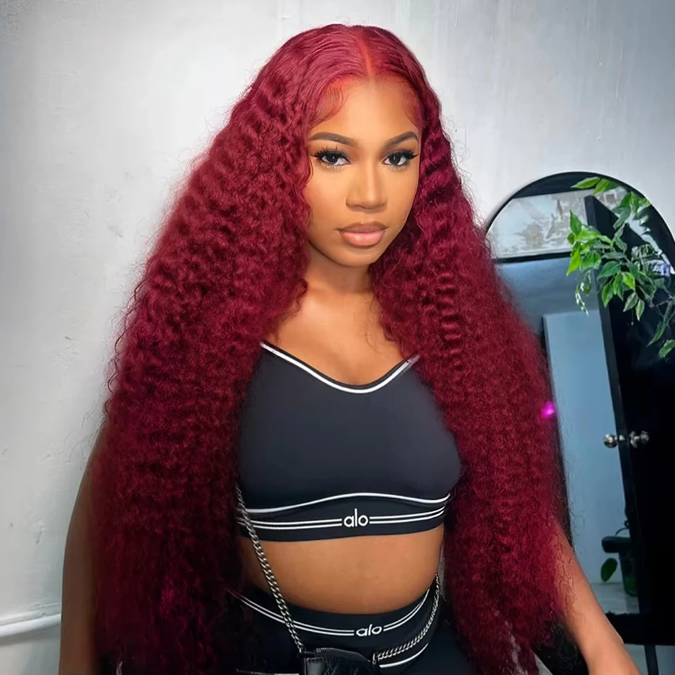 

99j Burgundy Deep Wave 220% Density 13x4 Transparent Lace Front Human Hair 40 Inch 13x6 Hd Lace Frontal Red Colored Curly Wigs