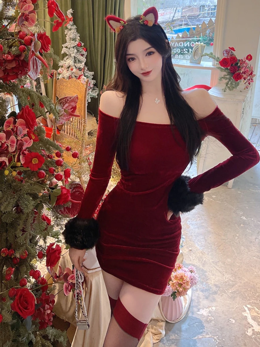 

Сексуальное облегающее платье на одно плечо Long Sve Velvet Dr с оборкой на талии и высокой талией для молодых женщин в их 20-х годов для свидания...