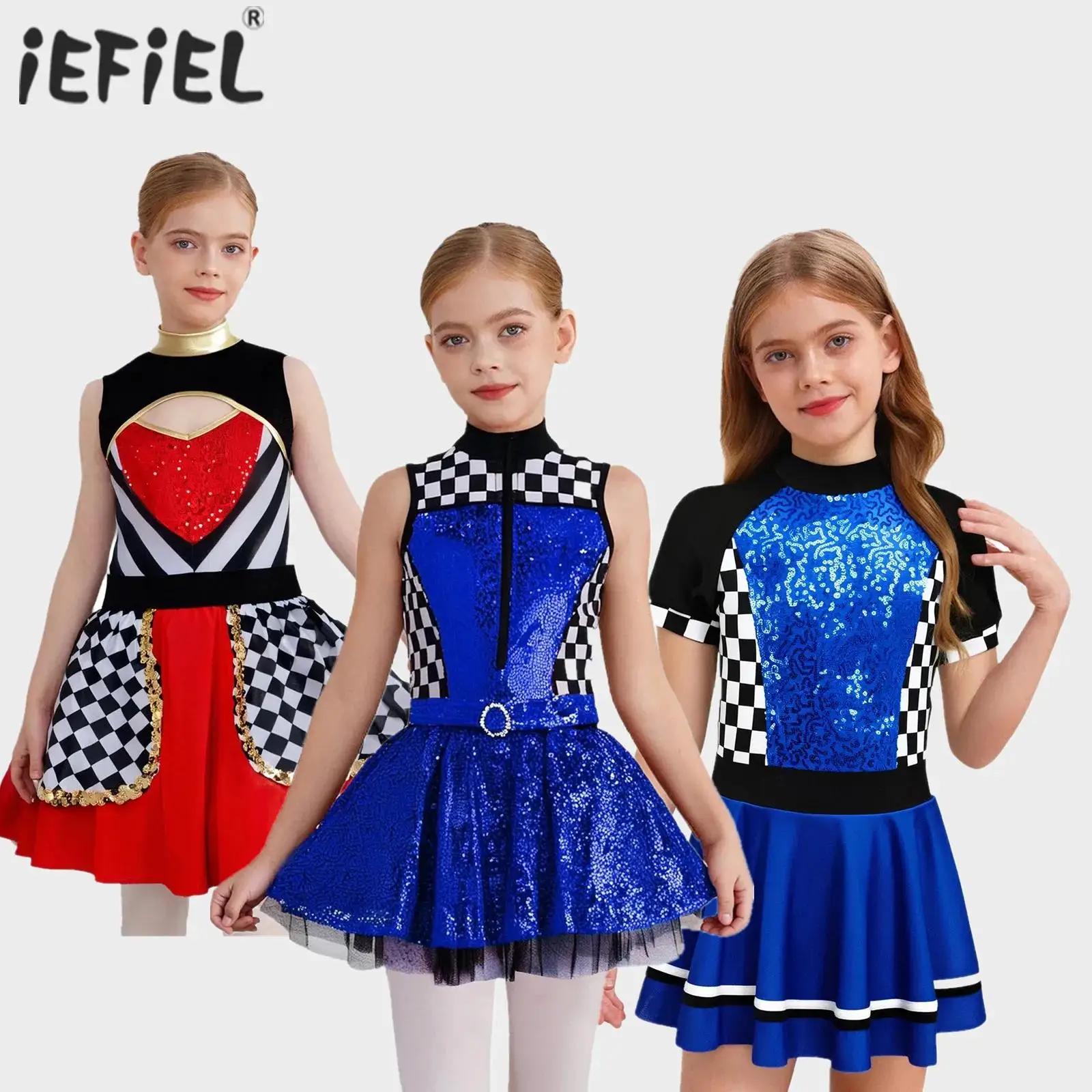 

Girls Ring Rhinestone Puffy Racing Girls Tutu Dress Sequins Front Zipper Waist Race Car Driver Halloween Cosplay Costume