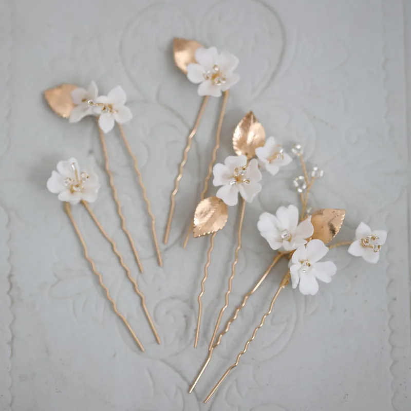 Delicate Porcelain Flower Small Comb Bridal Hair Pins Piece Gold Color Leaf Wedding Headpiece Handmade Women Pearls Hair Jewelry