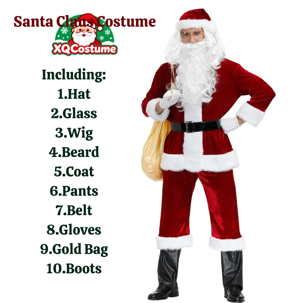 الرجال سانتا كلوز تأثيري حلي لعيد الميلاد حجم كبير M-4XL النبيذ الأحمر اللون 10 قطعة مجموعة لعب الأدوار للبالغين فستان عيد الميلاد