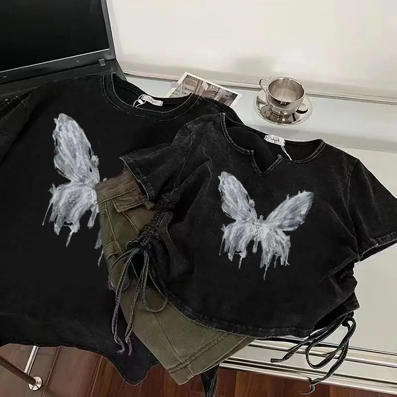 Y2k Gewaschenes Schwarzes Crop-Top Kurzarm-T-Shirt für Damen mit Schmetterlingsdruck Sommer Vintage Kleidung Übergroße Crop-Tops mit Kordelzug – Detail 1