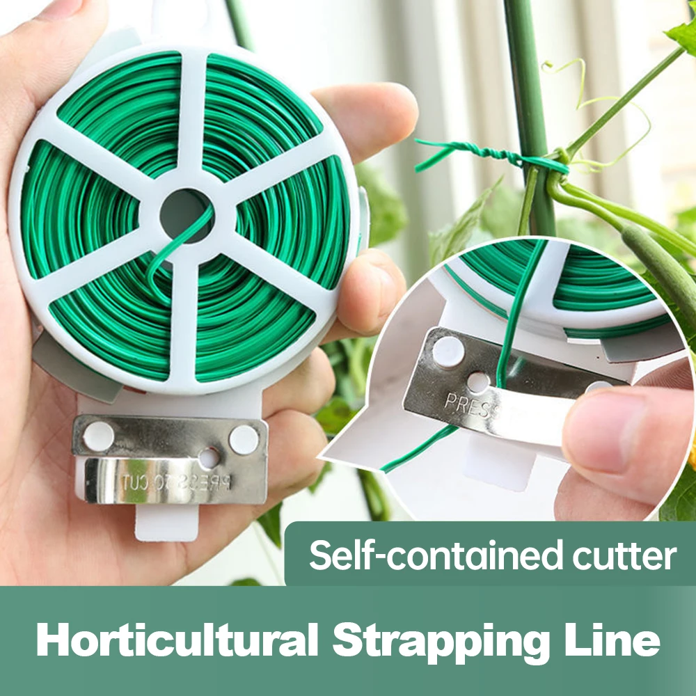 50m Garden Plant Fixed Rope Reusable Green Coate String With Cutter Sturdy Plant Twist Tie Gardening Vegetable Grafting Fixer