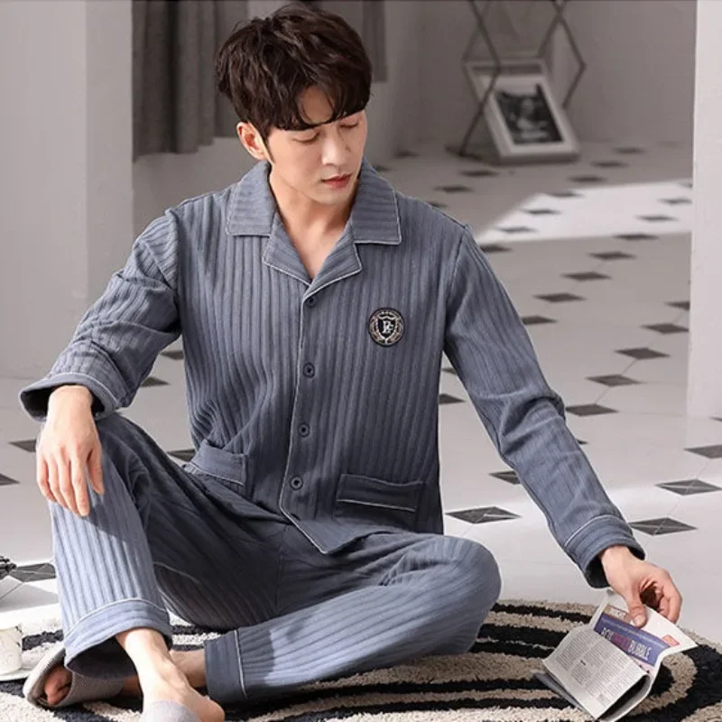 2024 New Winter Men Pajamas Pure Cotton Long Sleeved Sleepwear Spring Autumn Loose Young Middle-aged People V-neck Homewear Set