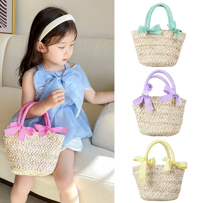 Straw Kids Bags for Girls Handbag Children Tote Bags Summer Beach Travel Bows Princess Child Bags Baby Accessories