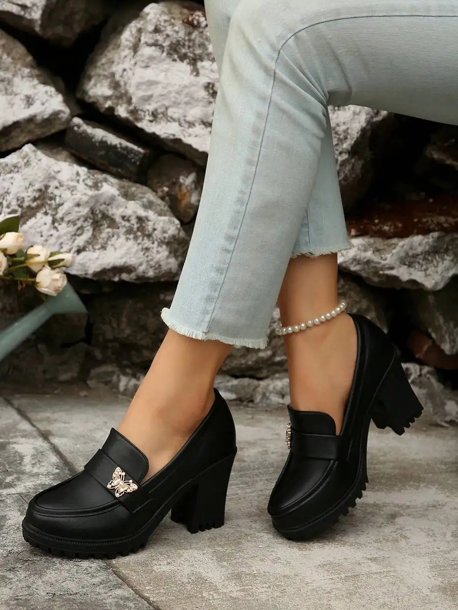Womens Black Loafers With Butterfly Embellishment And Pearl Anklet, Chunky Heel Slip-On Shoes view 4
