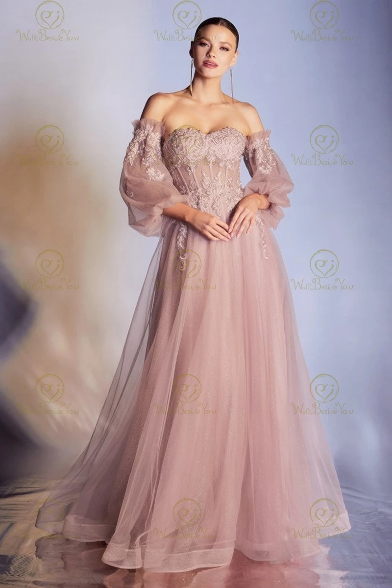 Robes de Rhscintillantes en tulle et dentelle rose poussiéreuse, robe de soirée bohème, robe de princesse vintage, manches sans bretelles, robe de soirée formelle, 2023