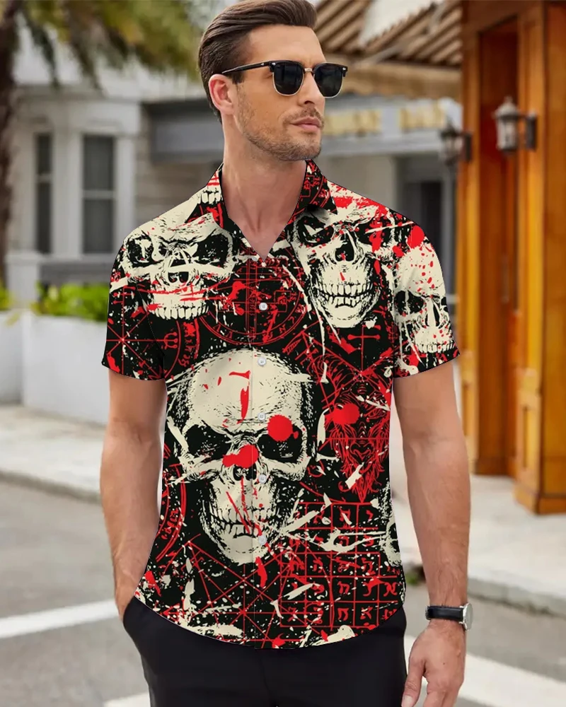 Men's Hawaii Shirt 3D 3D Printed Skeleton Man Pattern Button Down Short Sleeve Lapel Casual Street Shirt Men's Plus Size