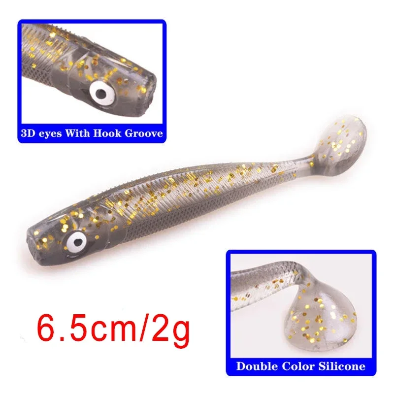 5 pz/lotto occhi 3D Shad Worm Soft Bait 65mm 2g T Tail Jigging Wobblers Fishing Lure Tackle Bass Pike Aritificial Silicone Swimbait