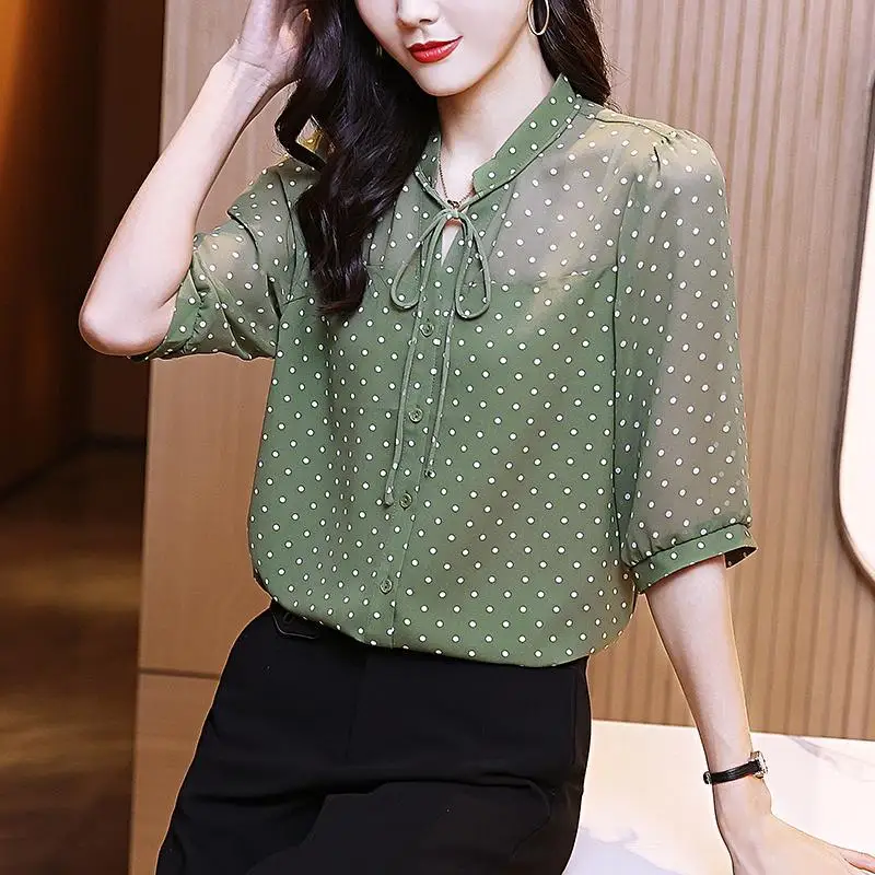 Women\'s Clothing Dot Printed Lace Up Elegant Shirts Summer Korean Fashion Half Sleeve Thin Blouses Office Lady Casual Tops Blusa