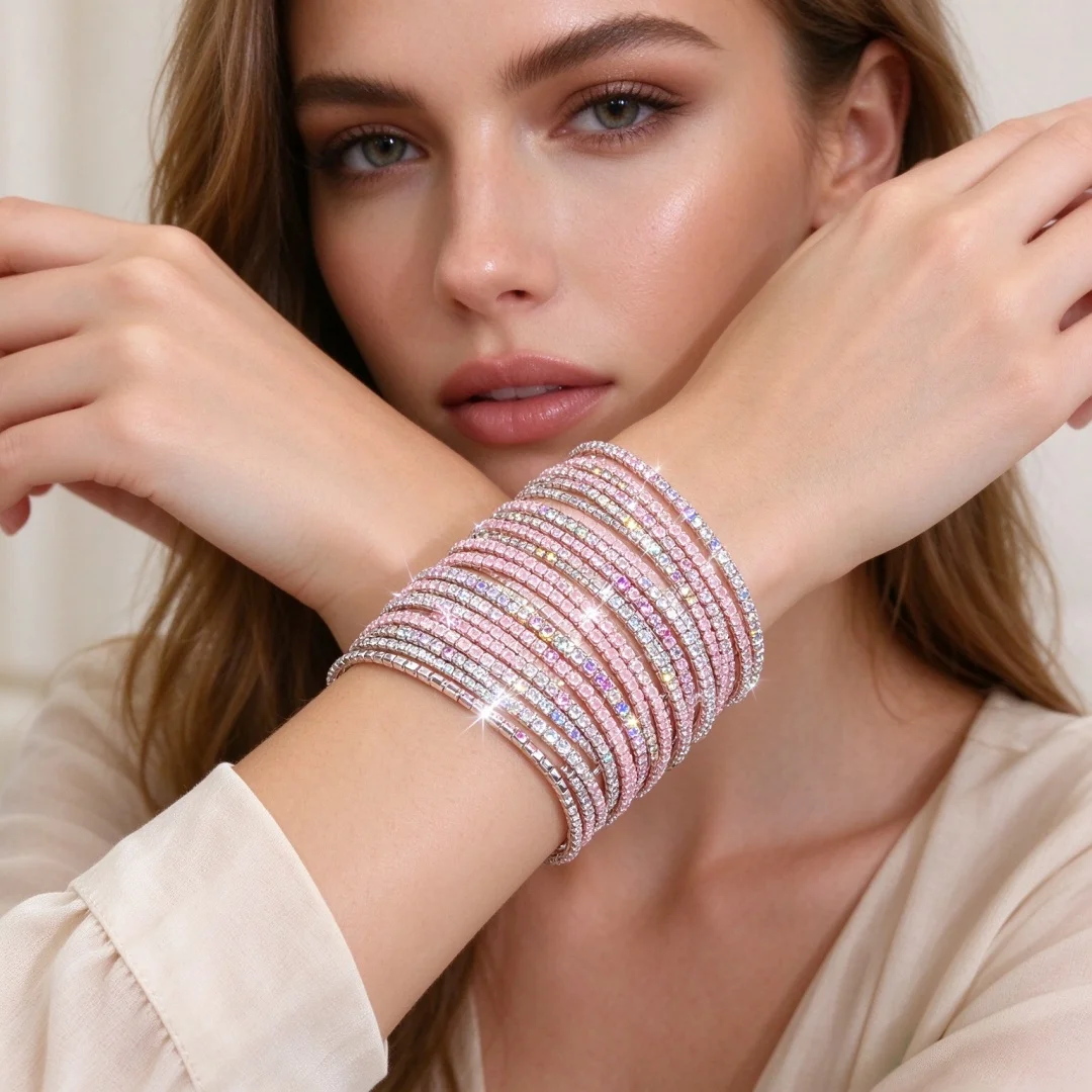 Rhinestone tennis bracelet, women's elastic bracelet, shiny stacked jelly, white, yellow, various colors, suitable for daily gif