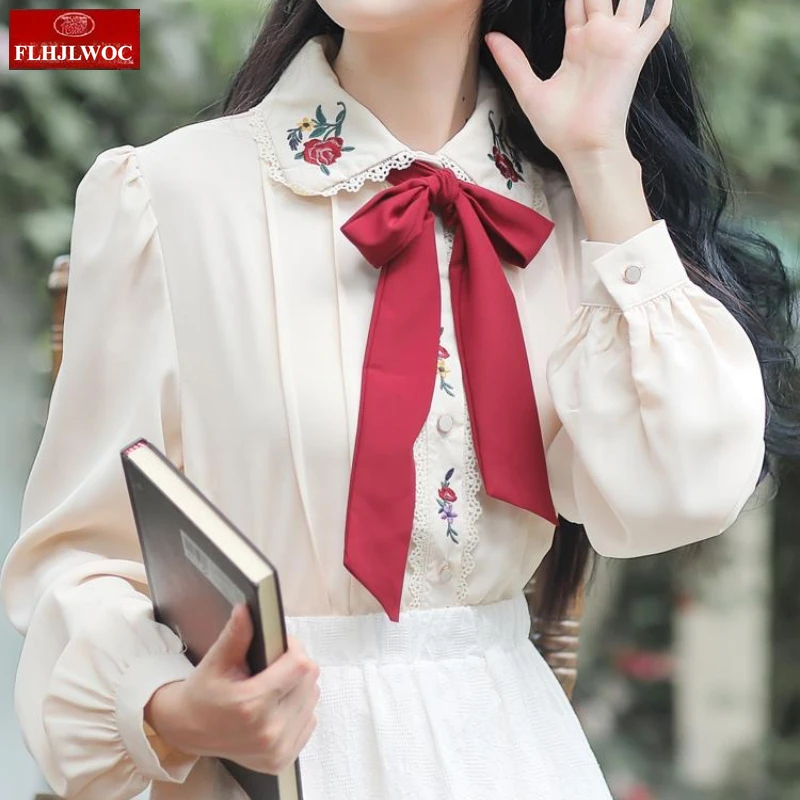Retro Vintage Chic Y2K Tops Cute Sweet Korea Japan Style FLHJLWOC Design 2025 Autumn Long Sleeve Women Basics Bow Tie Shirt