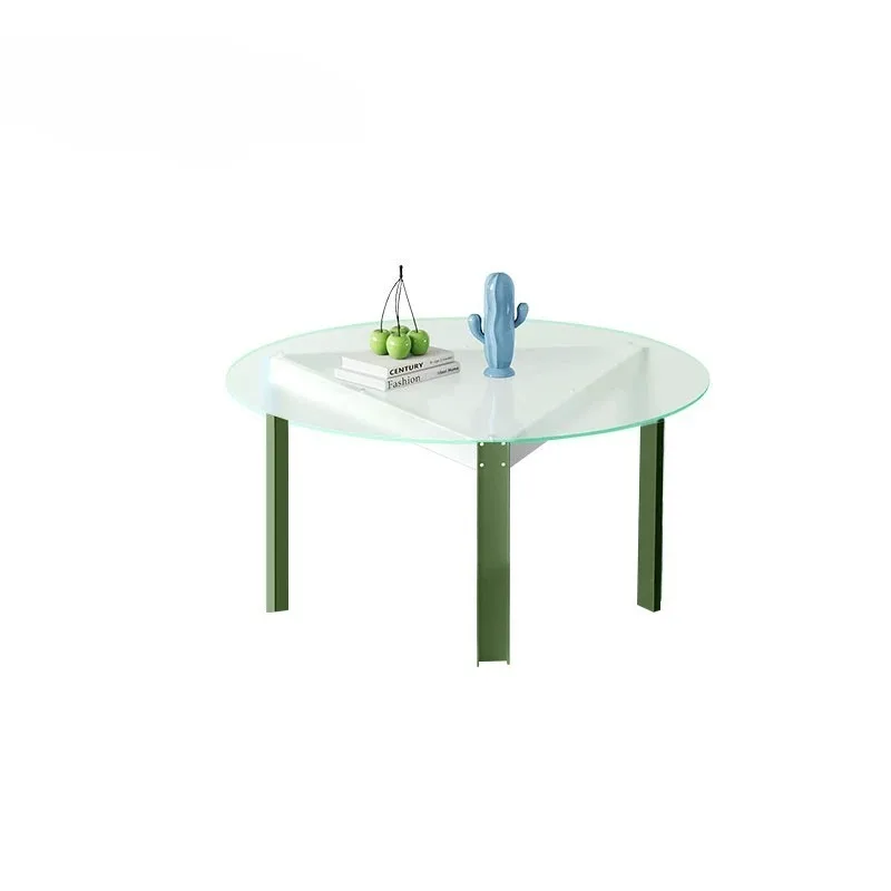 Minimalist color matching sea breeze blue round dining table living room multi-functional glass round table