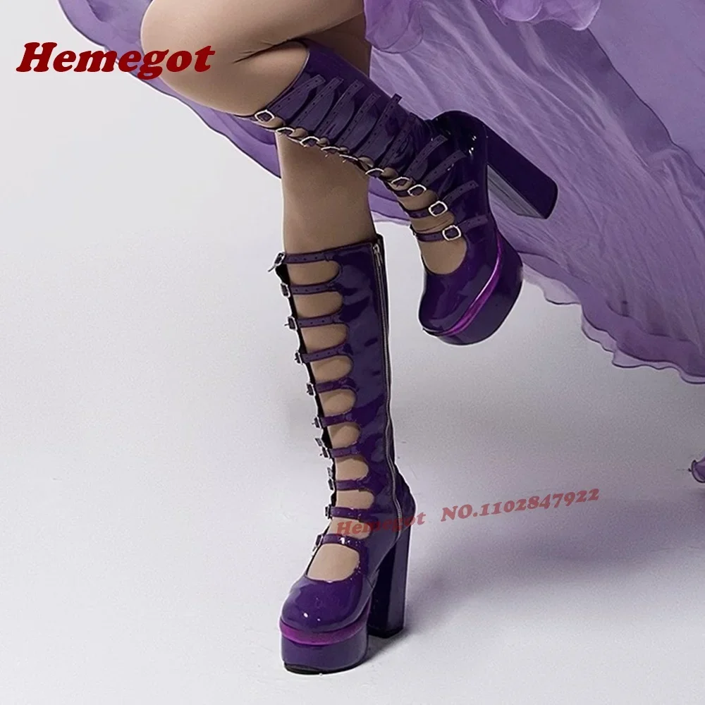 

Глянцевые сапоги-сандалии с вырезами, лазерной обработкой, множеством пряжек, высокие до колена, на платформе, с массивным каблуком, на боковой молнии, в стиле Лолита, элегантные и милые