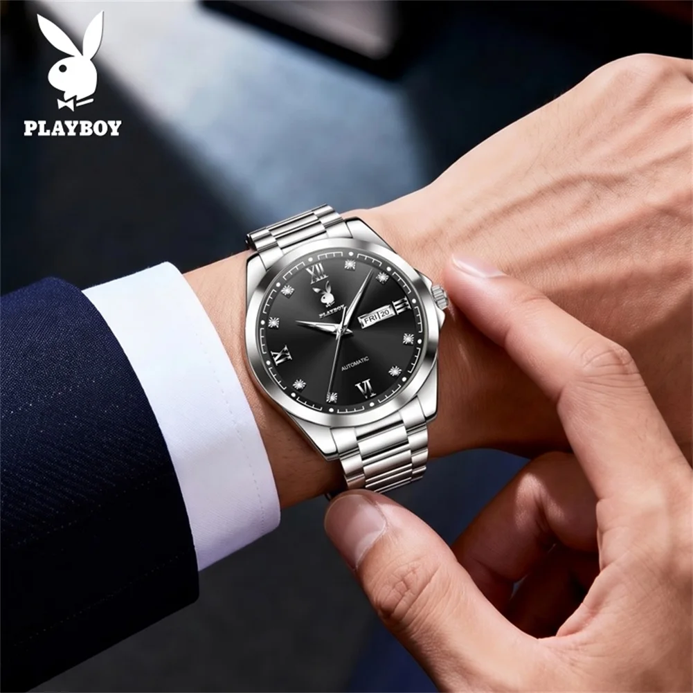PLAYBOY 3131 Business Mechanical Movement Men Watch Calendar Window Luminous Function 30m Waterproof Stainless Steel Watch