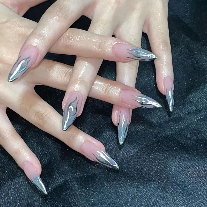 24 Uds. De uñas postizas plateadas y almendras, ovaladas, decoradas con nube de leche, uñas postizas usables, prensa corta en ataúd de uñas, puntas