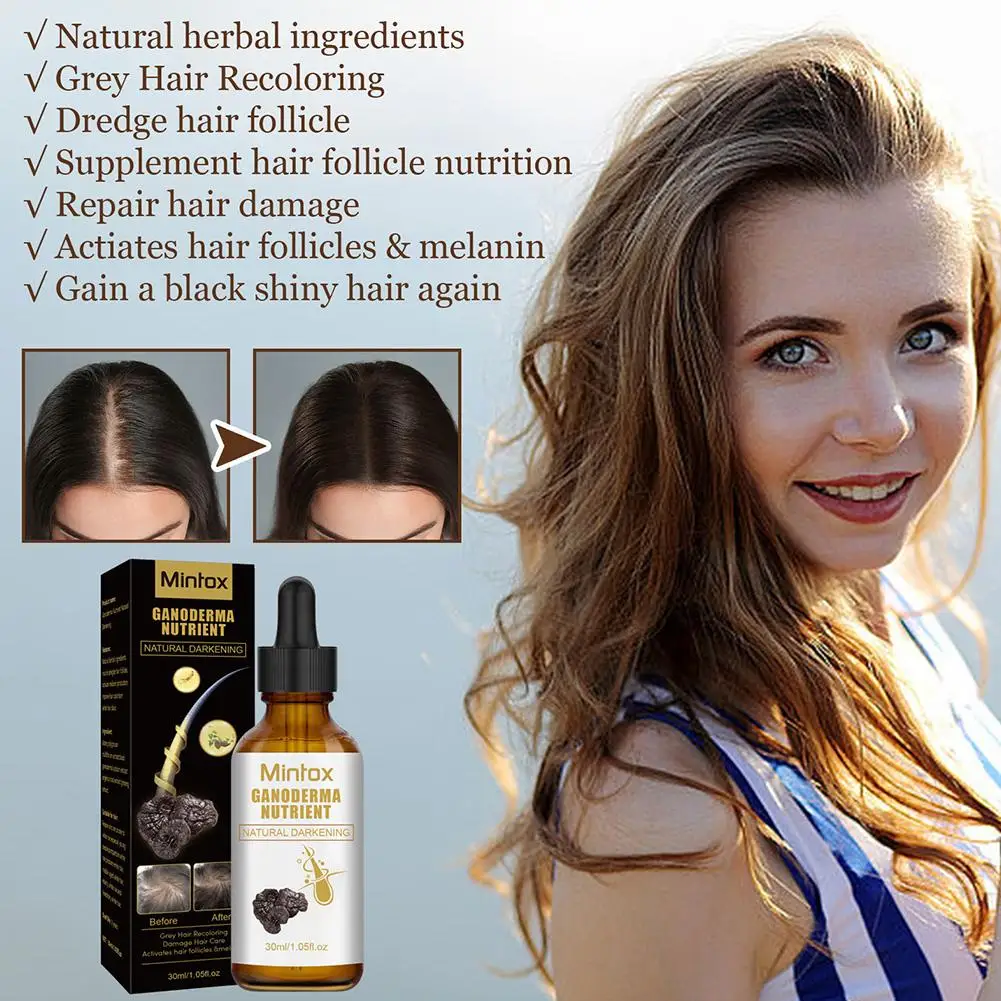 Suero para el cabello antigrasa, esencia de cabello negro Ganoderma, aceite para el cabello antiblanco, oscurecimiento Natural para mujeres, cabello más fuerte, 30ml