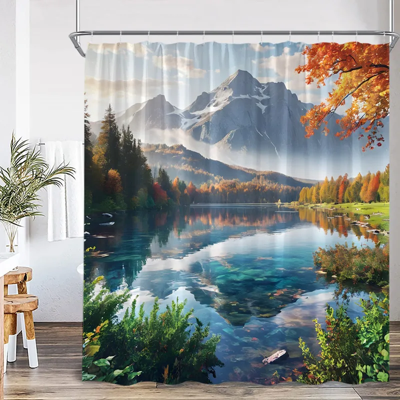 Autumn Forest Landscape Shower Curtains Red Maple Trees Waterfall Log Cabin Bear Fall Scenery Fabric Home Bathroom Curtain Decor