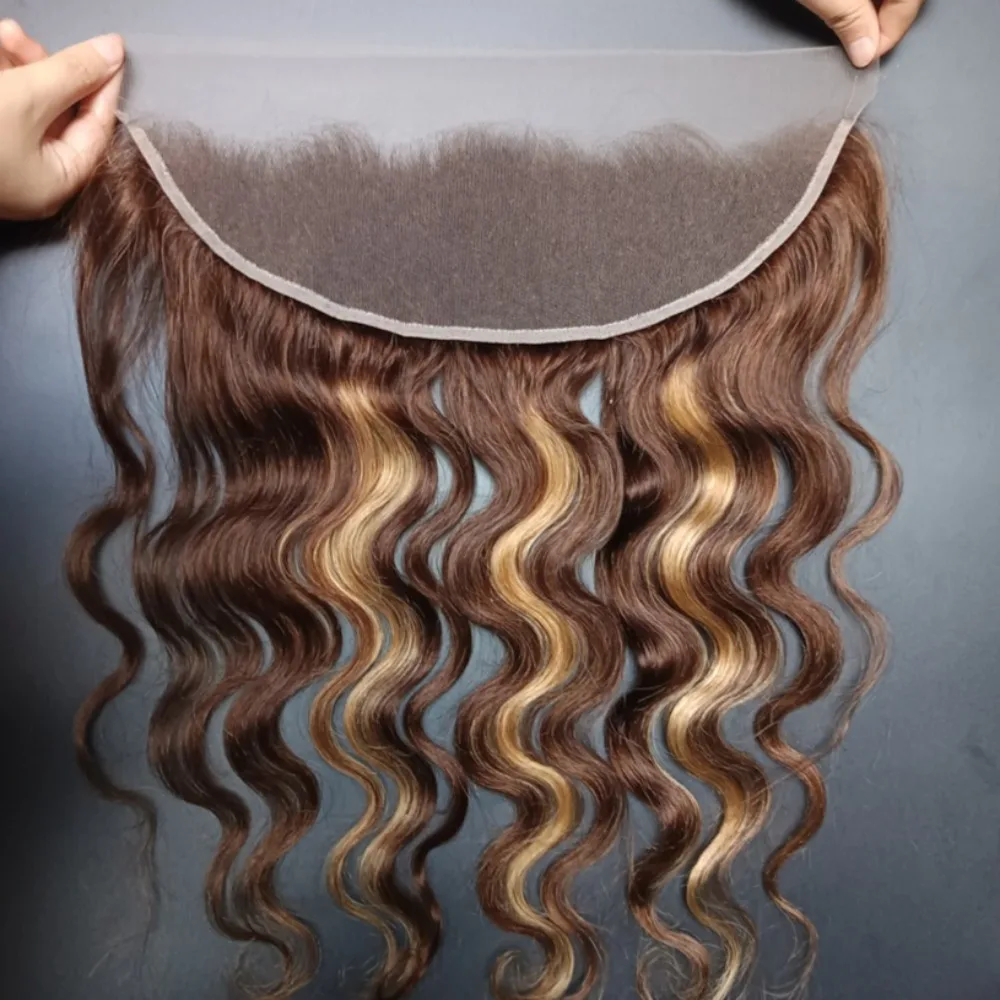 P4/27 العسل شقراء تسليط الضوء على الجسم موجة أمامي فقط الشعر البشري 12A 100% عذراء البرازيلي 13x4 الأذن إلى الأذن الدانتيل الشفاف