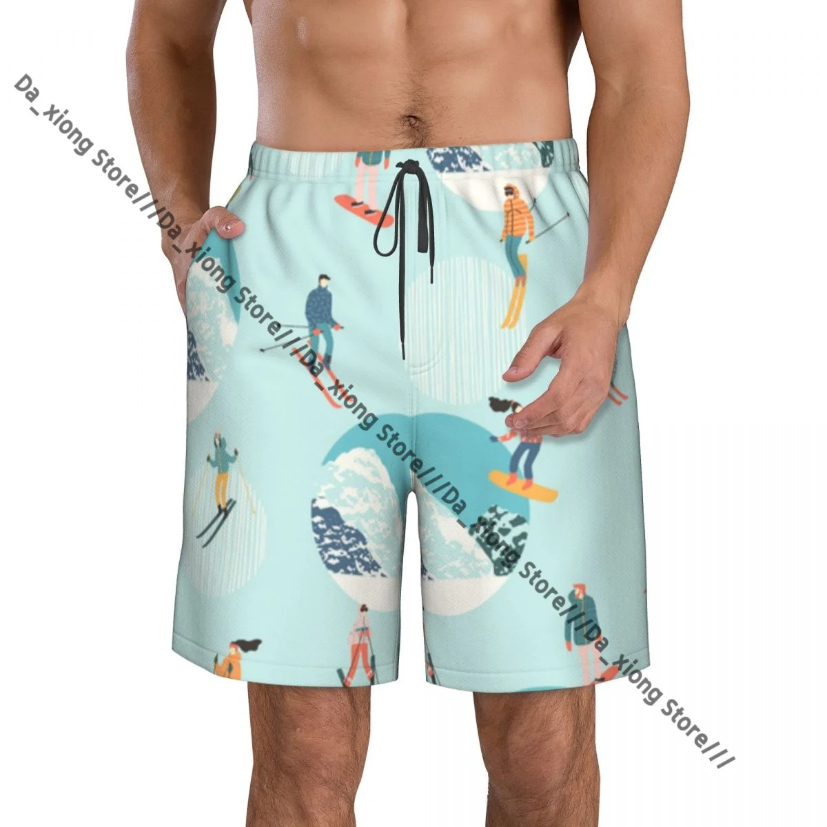 Skiers And Snowboarders Pattern Quick Dry Swimming Shorts For Men Swimwear Swimsuit Trunk Bathing Beach Wear