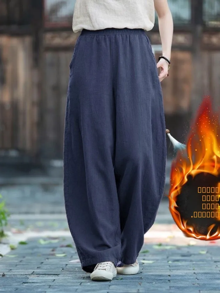 

Женские свободные брюки в стиле ретро, китайский дизайн, из хлопка и льна, для тай-чи, длинные, фасон «фонарь», повседневные, с высокой талией, на резинке