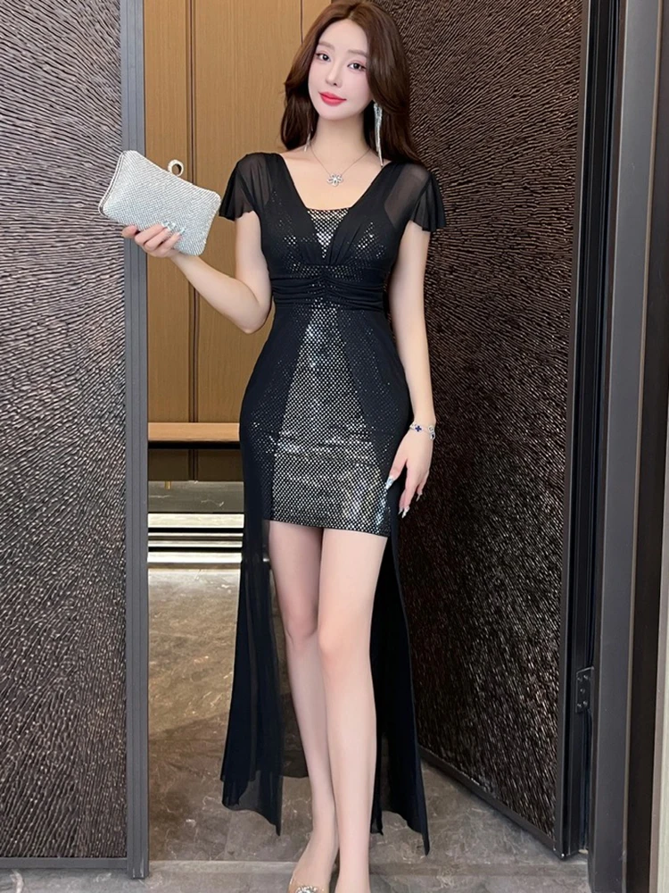 Sukienka damska długa, seksowna, z czarnej siateczki, z nowymi fioletowymi cekinami, patchworkowa, elegancka, w stylu Hepburn, na studniówkę, letnia, koreańska, obcisła, na imprezę, 2025