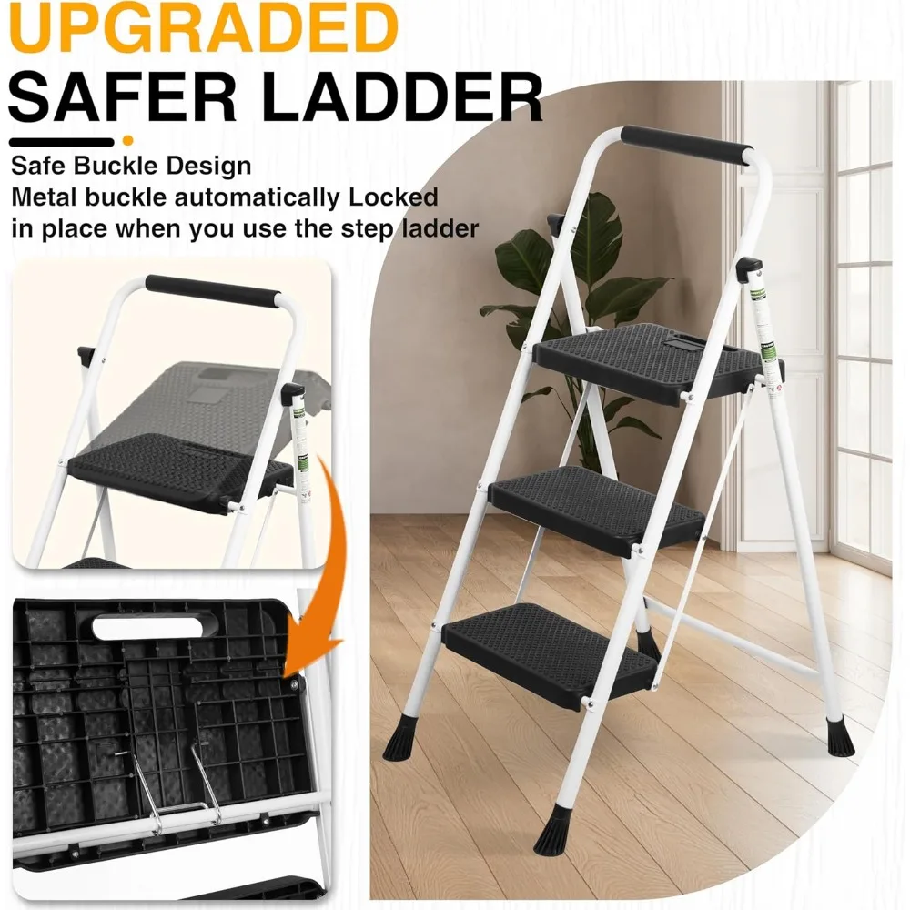 Escalera plegable de acero portátil, pedales antideslizantes anchos, capacidad de 500 libras, empuñadura conveniente, taburete resistente de 3 escalones para el hogar y el apagado
