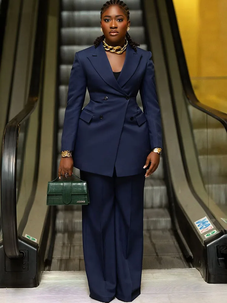 エレガントなオフィスレディ向けツーピースセット、女性用ワークウェア、ダブルブレストブレザーコートとワイドレッグパンツスーツのマッチングセット、ユニフォーム