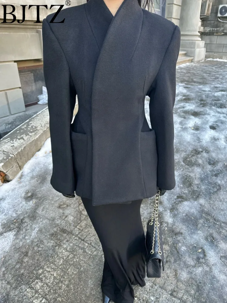 BJTZ Silhouette Waist Cinching Blazer Black Woolen Coat For Women 2024 Autumn Winter New Fashion Designer Wool Overcoat