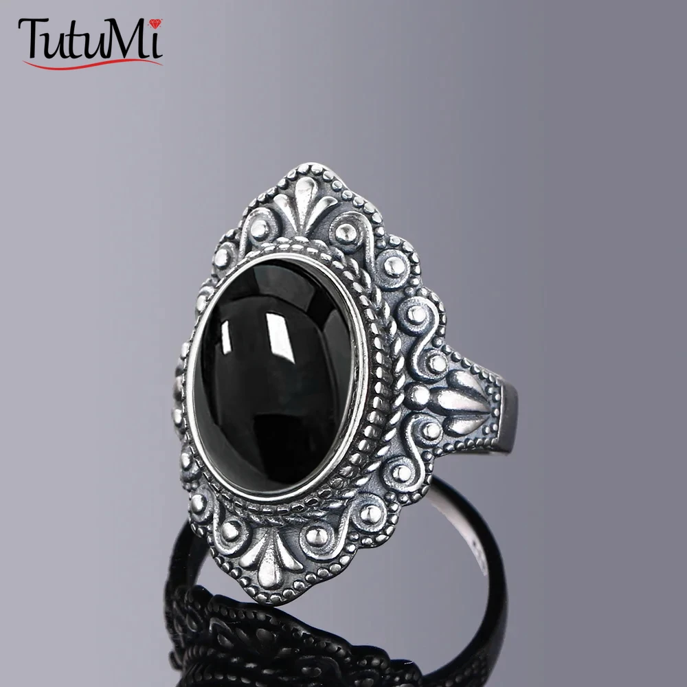 Frauen Schmuck S925 Silber Ring Oval Natürlichen Labradorit Ringe Finger Ring Retro Schwarz Achat Ringe Schmuck Party Geschenk