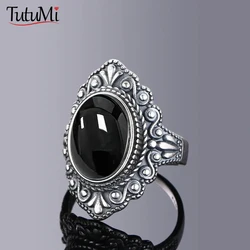 Women's Jewelry S925 Silver Ring Oval Natural Labradorite Rings Finger Ring Retro Black Agate Rings Jewelry Party Gift